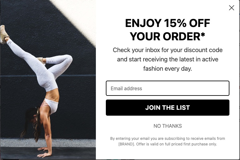 Email signup popup offering 15% off the first order