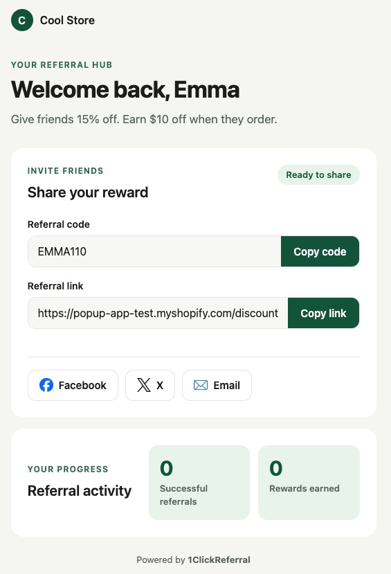 Advocate referral page with code, link, share buttons, and referral activity