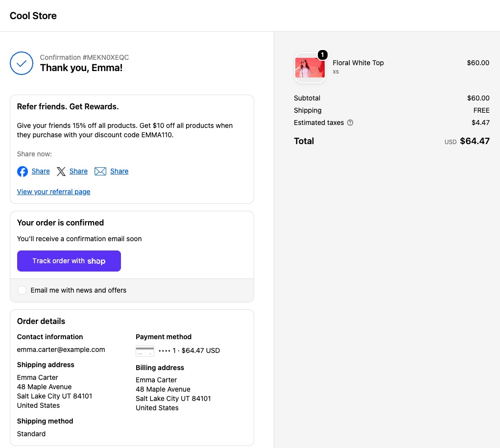 Shopify Thank You page with the referral widget showing a personal code and share buttons above the order details